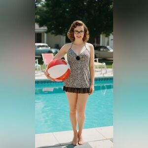 KENNETH COLE REACTION Chic Black and White Leopard Print Swimming suit